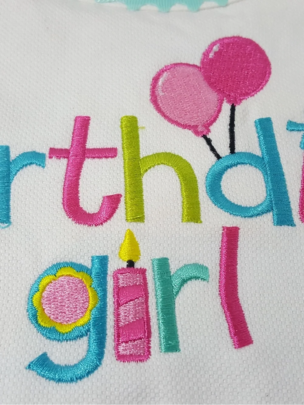 Mud Pie White Bib with Pink, Teal and Lime “Birthday Girl” Embroidery
